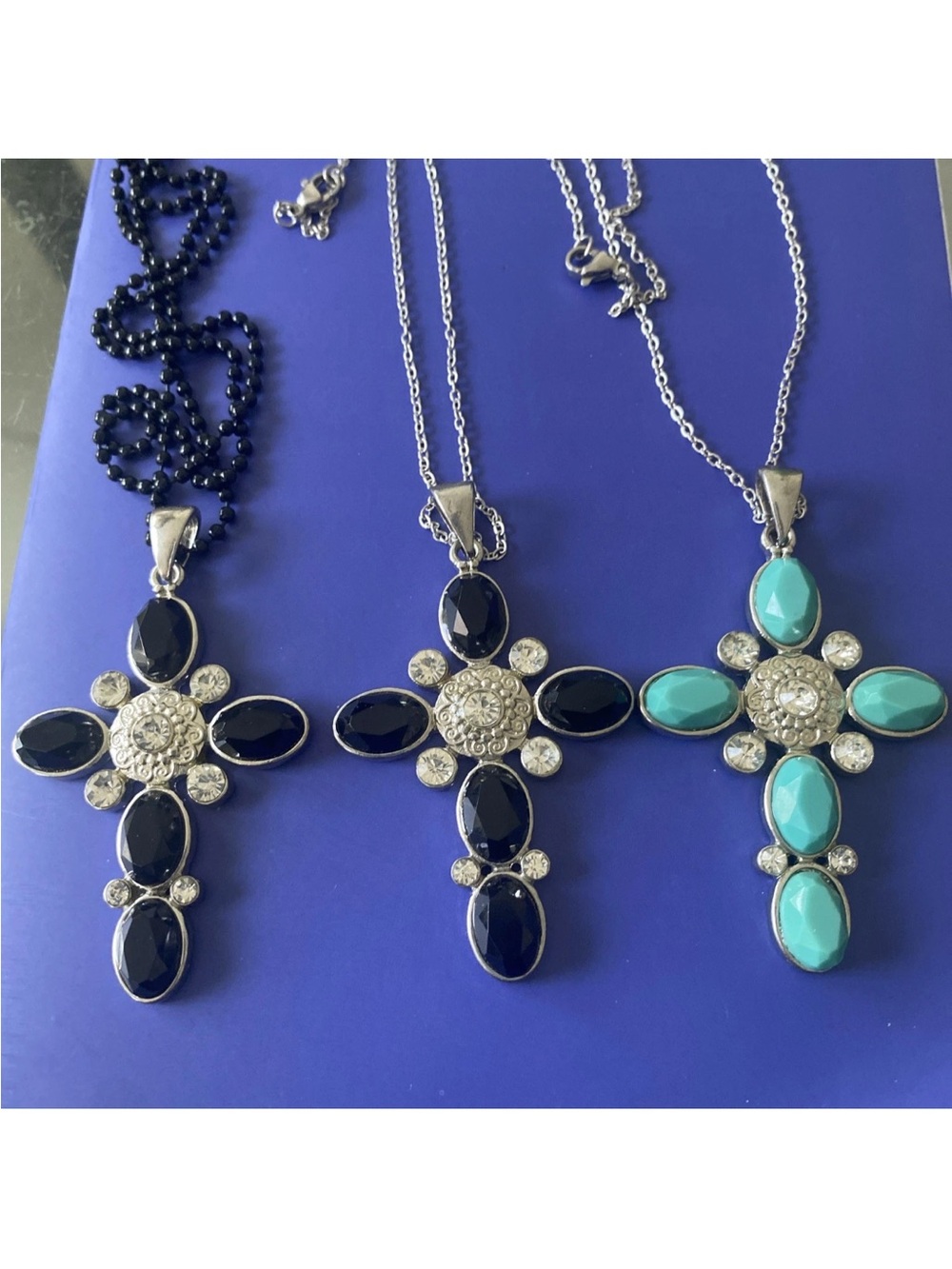 Cross Pendant Necklace with Gemstone Accents - Turquoise or Black